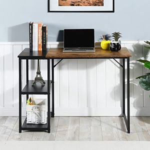 FurnitureR Computertafel L 100 cm met ruimtebesparende planken voor thuiskantoor metaal eenvoudige tafel zwart bruin, 100 x 48 x 74 cm