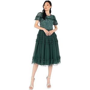 Maya Deluxe Midi Jurk voor dames, pailletten, versierd, korte mouwen, ruffle voor bruiloft, gast, bruidsmeisje, verjaardag, bruiloft, bruiloft, feest, bal, bruiloft, maat 48, emerald green, 48 NL