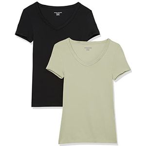 Amazon Essentials Women's T-shirt met korte mouwen en V-hals in slanke pasvorm, Pack of 2, Saliegroen/Zwart, M