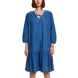 ESPRIT Chambray-jurk met ruches en binddetails, Donkerblauw, 34