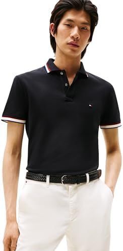 Tommy Hilfiger Heren Manchet Interest Slim FIT Polo MW0MW40308 S/S Polo, Zwart, S, Zwart (zwart), S