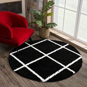 SANAT Madrid Shaggy tapijt rond - hoogpolige tapijten voor woonkamer, slaapkamer, keuken - zwart, maat: 80 cm