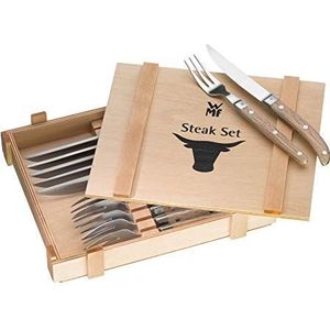 Wmf Ranch Steakbestekset, 12-Delig, Steakvork, Steakmes, Voor 6 Personen, Speciaal Lemmetstaal Gesmeed, Mat Eikenhout Geolied, Zilver