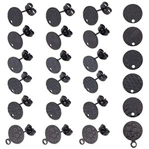 UNICRAFTALE 24 stks 6 Stijlen Getextureerde Platte Ronde Stud Oorbellen Rvs Oorbel Met Oornoten Zwarte Oorstekers Voor Sieraden Maken DIY, Pin 0.8mm