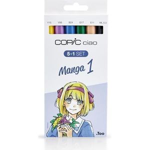COPIC Ciao Marker 5+1 Set ""Manga 1"", 5 allround layout markers op alcoholbasis met een medium breedte en een penseelpunt, incl. 1 Multiliner 0,3 mm