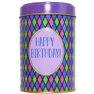Metalen spaarpot - blikken blik design - motief: Happy Birthday, ruiten in paars, groen en roze, grootte H/Ø ac. 14 x 9 cm