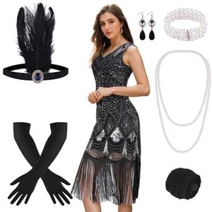 PLULON Jaren 20 flapperjurk met pailletten, parels, franjes en accessoireset (zwart en zilver)