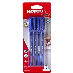 Kores - K2: blauwe balpennen, 1 mm medium point biro met veegbestendige inkt voor glad schrijven, zachte grip, school- en kantoorbenodigdheden, 4 stuks