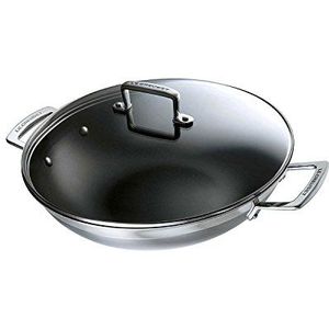 Le Creuset Roestvrijstalen wok met 3 lagen anti-aanbaklaag met deksel, 30 x 7,8 cm