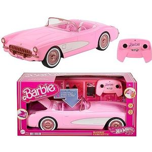 Hot Wheels Barbie Corvette, speelgoedauto met afstandsbediening uit Barbie The Movie, werkt op batterijen, met 2 Barbie poppen, kofferbak kan open voor bagage, HPW40