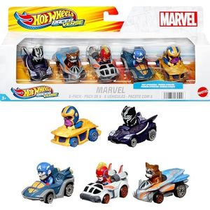 Hot Wheels RacerVerse, Set van 5 metalen Marvel speelgoedauto's, geoptimaliseerd voor Hot Wheels banen, met populaire Marvel personages als bestuurders, cadeau voor kinderen en verzamelaars, HPN40