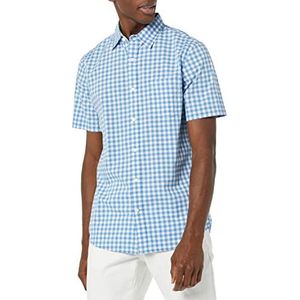 Amazon Essentials Heren Slim-Fit Poplin Shirt met korte mouwen, Lichtblauw Wit Gingham, Large