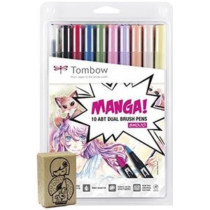Tombow ABT-10C-MANGA2-ST manga-set van 10 x viltstiften ABT Dual Brush pennen + manga-stempel
