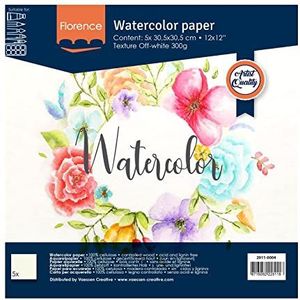 Florence Aquarelpapier, 30,5 x 30,5 cm, ivoorwit, van 300 g/m² gestructureerd papier, 5 vellen voor scrapbooking, aquarelschilderen, handbelettering en penseelletters