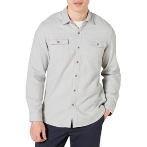Amazon Essentials Men's Flanellen overhemd met lange mouwen, twee zakken en slanke pasvorm, Lichtgrijs, M