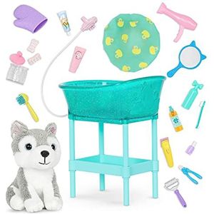 Glitter Girls Poppenaccessoires - Pet Grooming & Pup Husky Set - Hondenpluche knuffeldier - badkuip, haardroger en stylingaccessoires - speelgoed voor kinderen vanaf 3 jaar - huisdierverzorging en