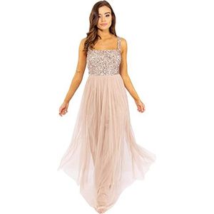 Maya Deluxe Vrouwen Dames Maxi Jurk Brede Bandjes Mouwloze Vierkante Hals Verfraaid Voor Bruiloft Gast Prom Bruidsmeisje, Taupe Blush, 32