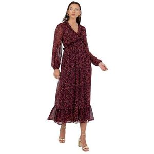 Lovedrobe Dames Midaxi Jurk Dames Lange Mouw V-hals Tie Terug Ruches Ruche Detail A-lijn Gedrukt Smart Casual Gelegenheid, roze (hot pink), 36