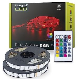 Integral 10 m RGB binnenledstrips met EU-stekkeradapter en IR-controller, plug & play, kleurvariatie, dimbaar, kleur en helderheid instelbaar, led-plaklicht