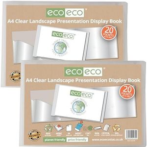 eco-eco A4 50% gerecycleerd 20 vakken helder landschap presentatie display boek, opbergkoffer portfolio kunstmap met plastic hoezen, pak van 2, eco175x2
