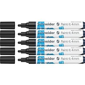 Schneider Paint-It Acrylstiften (met 4 mm ronde punt, hoogdekkende acrylverf voor hout, canvas, steen en nog veel meer.) 5-pack, zwart