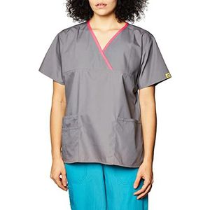 WonderWink Women's Charlie 5 Pocket Y-Neck Wrap Top, Pewter, Medium