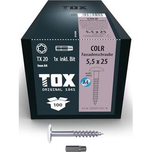 TOX Gevelschroeven COLR 5,5 x 25 mm, schroeven voor gevelplaten van roestvrij staal A4 met gekleurde plaatkop, corrosie- en UV-bestendig, 100 stuks in doos, incl. 1x bit, 113087415525/W