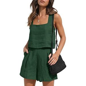 AUTOMET Dames Zomer 2-delige Outfits Vakantie Casual Trendy Shorts Bijpassende Sets Mouwloze Casual Linnen Outfits 2024 DrakGreen S, Groen