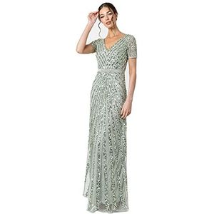 Maya Deluxe Maxi-jurk voor dames, geborduurde pailletten, lange mouwen, V-hals, hoge empire-taille, A-cut glanzende galajurk, bruiloft, bruidsmeisjesjurk, Groen, 26
