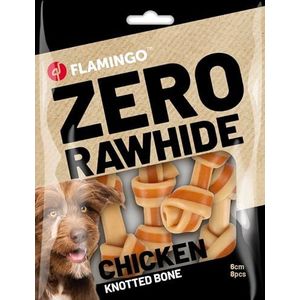 Flamingo Snoepjes – Zero Rawhide – voor een eenvoudigere spijsvertering – geknoopt bot met kip – 8 stuks van 6 cm, 18 g.