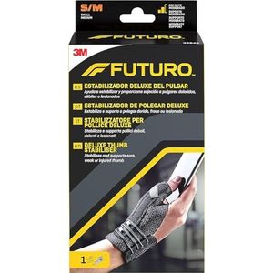 FUTURO Deluxe Duimstabilisator, zwart, S/M (5-6,5 inch), biedt comfortabele en matige ondersteuning bij pijnlijke, pijnlijke of zwakke duimen, ademend