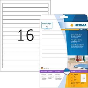 HERMA 5118 robuuste etiketten voor ringbanden A4 ondoor (192 x 16,9 mm, 25 velles, papier, mat) zelfklevend, bedrukbaar, permanente klevende kaartetiketten, 400 etiketten voor printer, wit
