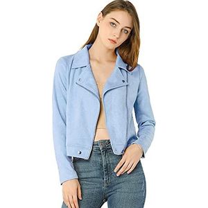 Allegra K Women's Short Soft Zip Up Faux Suede Biker Moto Jacket Large Light Blue