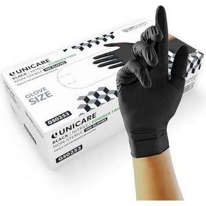 Unigloves Unicare Nitril GS0252 Onderzoekshandschoenen voor eenmalig gebruik, multifunctionele handschoenen, poedervrij, medische handschoenen, doos met 100 handschoenen, zwart, klein