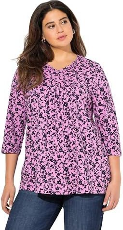 Ulla Popken - Shirt - Lila/Zwart - V-hals - Driekwart Mouw