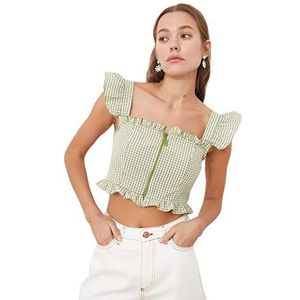TRENDYOL Damesblouse, nauwsluitend, schoudervrij, geruit, geweven stof, groen, 40