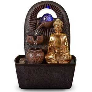 Bhava Boeddha fontein – afneembare Boeddha kamerfontein – geschenken – decoratief Zen Boeddhisme – tafelfontein ledlicht – gesloten circuit – bruin en goud – H 26 cm – Zen'Light