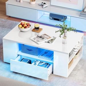 YITAHOME Salontafel, wit, hoogglans, met 16-kleurige ledverlichting, modern, bijzettafel, wit met open tentoonstellingsrek en 2 uittrekbare laden, 95 x 55 x 37 cm