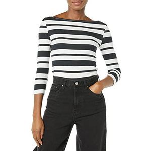 Amazon Essentials Women's T-shirt met driekwartmouwen, stevige boothals en slanke pasvorm, Zwart Wit Gestreepte streep, L