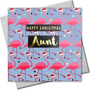Kerstkaart, tante Flamingo's in Santa Hoeden, tekst verijdeld in glanzend goud