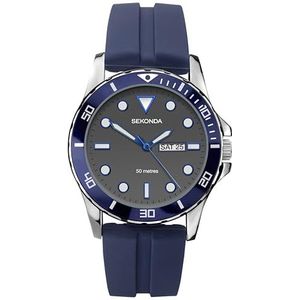 Sekonda Balearic Mens 44mm Quartz Horloge met Analoge Dag/Datum Display, en Rubberen Band, Grijze wijzerplaat, blauwe ring en riem, riem