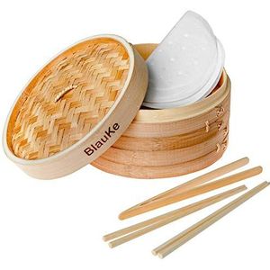 Stoommandje van Bamboe 25cm - Bamboe Stoomboot met 2-Laags Manden en Deksel, 2 Paar Herbruikbare Eetstokjes, 1 Tang en 50 Papier - Stomer voor Het Bereiden van Dumplings, Groenten, Rijst