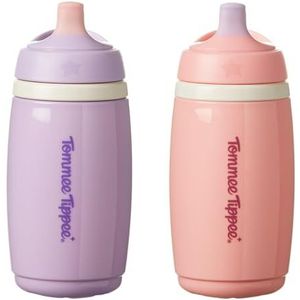 Tommee Tippee Geïsoleerde beker met actieve uitloop, 266 ml, lekvrije waterfles voor peuters vanaf 12 maanden, geïsoleerd om hun drankjes koel te houden, roze en paars, 2 stuks