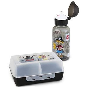 Emsa Kids Set met piratenmotief, drinkfles + broodtrommel, 400 ml lekvrije fles, blik met verschuifbare scheidingswand, zwart, 518136