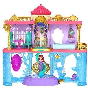 Disney Prinses Speelgoed, Ariels Stapelbare Kasteel, poppenhuis met kleine pop, 1 vriendje, 12 onderdelen, 6 speelplekken en zwembad, geïnspireerd op de Disney film, HLW95