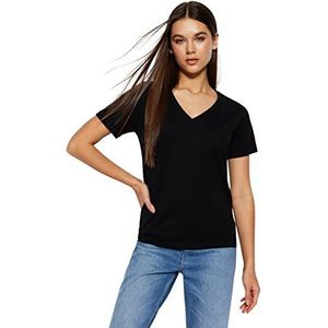 Trendyol Gebreid T-shirt met V-hals voor dames, regular fit, basic, Zwart, L