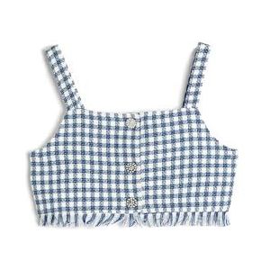Koton Meisjes's Crop Top Strappy Tweed Flower Button Detail Blouse, Blue Check (6c5), 11-12 Jaar