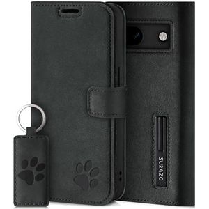 SURAZO Wallet Hoes voor mobiele telefoon voor Google Pixel 8a, echt lederen beschermhoes met pootenmotief, RFID-klaphoes, magneet, standfunctie, kaartenvak, flip cover, case, donkergrijs