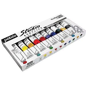 Pebeo - Studio Acrylverf Etui 10 Tubes van 20 ml Assorti en Penseel - Acrylverf en Penseel