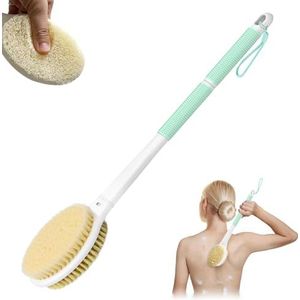 MOXYOY Rugschrobber, lichaamsdoucheborstel met 44 cm lange steel, dubbelzijdige exfoliërende rugborstel met stijve en zachte haren voor vrouwen, mannen, ouderen